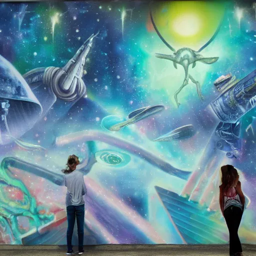 Prompt: aliens standard in an integalactic space port while viewing a large mural about humans