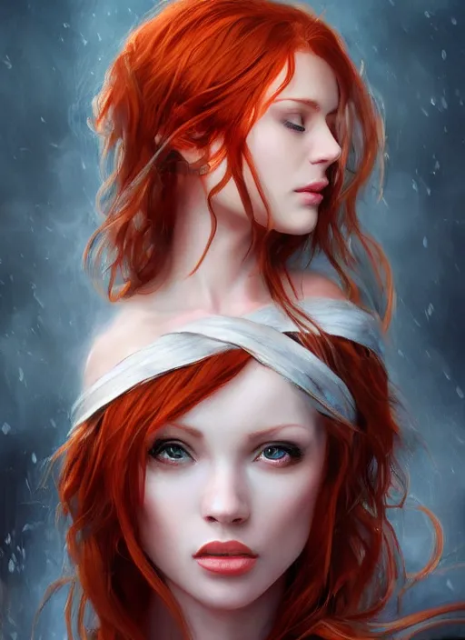 Image similar to Beautiful redhead girl which chest wrapped in bandages, portrait, fantasy, medieval, vivid colors, fantasy, elegant, concept art, sharp focus, beautiful face, digital art, Hyper-realistic, 4K, Unreal Engine, Highly Detailed, HD, Dramatic Lighting by Brom, trending on Artstation