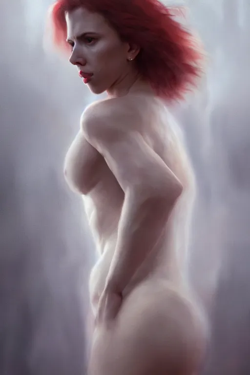 Image similar to a fancy portrait of Scarlett Johansson with scars on her body by Greg Rutkowski, Sung Choi, Mitchell Mohrhauser, Maciej Kuciara, Johnson Ting, Maxim Verehin, Peter Konig, final fantasy , mythical, 8k photorealistic, cinematic lighting, HD, high details, atmospheric,