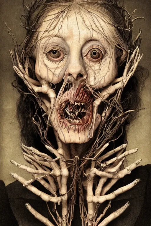 Image similar to Detailed maximalist portrait of a beautiful old woman with large lips and eyes, scared expression, botanical skeletal with extra flesh, HD mixed media, 3D collage, highly detailed and intricate, surreal illustration in the style of Caravaggio, dark art, baroque