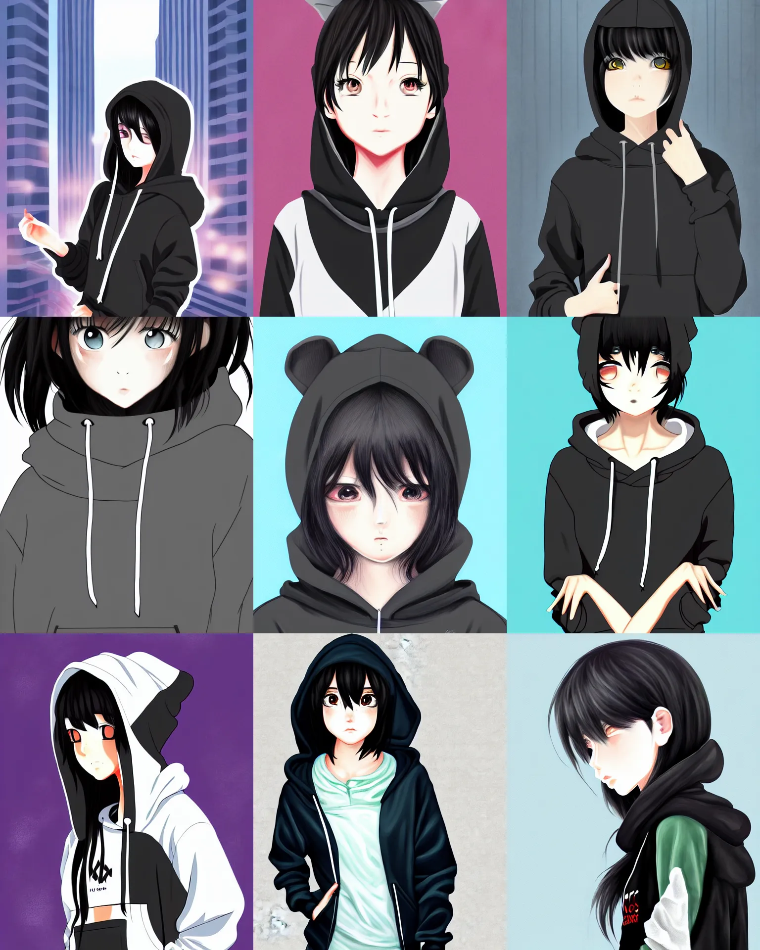 Prompt: black haired girl wearing hoodie, city, anime style digital painting by yumei