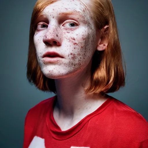 Prompt: an award winning close up portrait of face of cute 1 9 year old white woman with tired eyes, no makeup, freckles, strong jawline, skinny, short straight ginger hair in a bob style, black t shirt, flash photography, photographed by terry richardson,