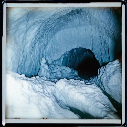 Prompt: a massive glacier cave opening, dark, creepy, eerie, unsettling, terrifying, old polaroid, expired film,