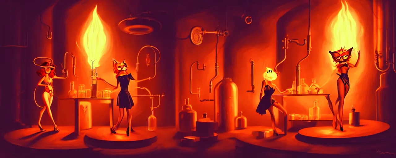 Prompt: uncanny alchemist catgirls in a fiery alchemical lab, dramatic lighting, surreal 1 9 3 0 s fleischer cartoon characters, surreal painting by ronny khalil