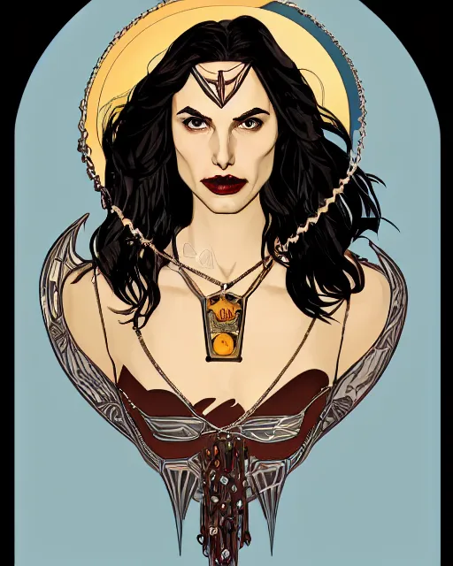 Prompt: a portrait of a gal gadot as a vampire with sharp monster teeth wearing necklaces of moons and stars, draped in transparent cloth, flat colors, occult, minimal, swirly, bust by alphonse mucha, decorative art nouveau border, scary detailed book illustration, trending on artstation