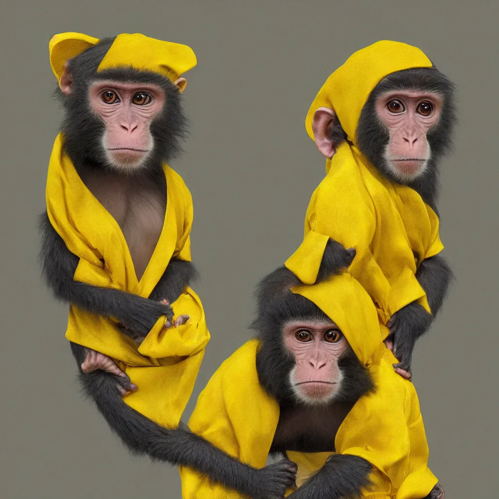 Image similar to a monkey wearing a yellow kimono, 8 k