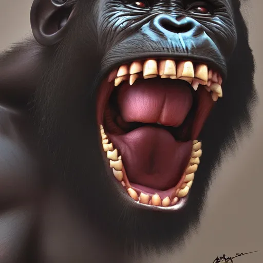 Image similar to Strong Angry Chimpanzee Screaming, Boris Vallejo, Epic, 8k resolution, ArtStation, Hyperrealistic