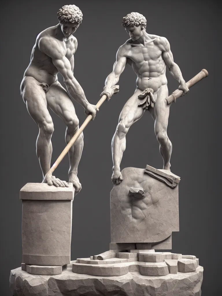 Prompt: a full body image of a twenty - something michelangelo carving a statue with mallet and chisel. photorealistic, hyperdetailed, studio lighting, octane render, caustics