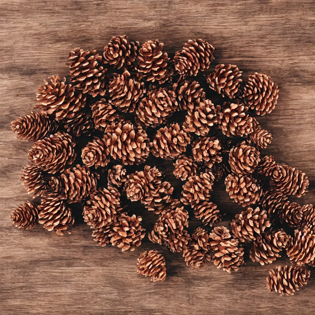 Prompt: top-down view of pinecones on top of a wooden table, 4k, photorealistic