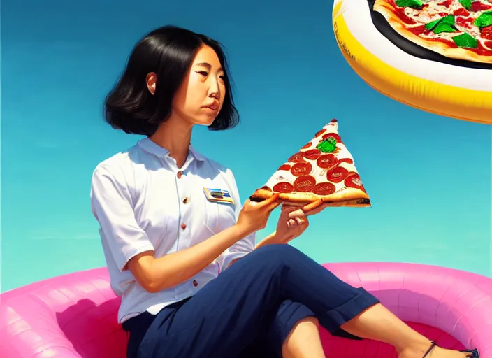 Prompt: portrait of a Mexican Asian mix young woman school with short hair wearing a navy and white sepuku uniform and eating a pizza on a pink floatie in Kalakaua avenue in Waikiki beach, intricate, elegant, highly detailed, centered, digital painting, artstation, concept art, smooth, sharp focus, illustration, by Peter Mohrbacher, WLOP