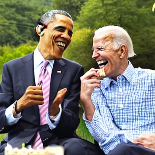 Prompt: obama and biden laughing whilst smoking a joint