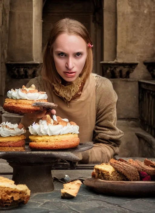 Image similar to closeup portrait of a medieval goblin eating cakes in the cloisters, depth of field, zeiss lens, detailed, symmetrical, centered, fashion photoshoot, by Annie Leibovitz and Steve McCurry, David Lazar, Jimmy Nelsson, Breathtaking, 8k resolution, extremely detailed, beautiful, establishing shot, artistic, hyperrealistic, beautiful face, octane render