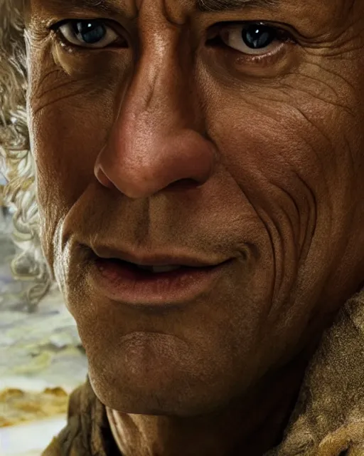 Image similar to Film still close-up shot of Dwayne Johnson as Bilbo Baggins from the movie The Hobbit. Photographic, photography