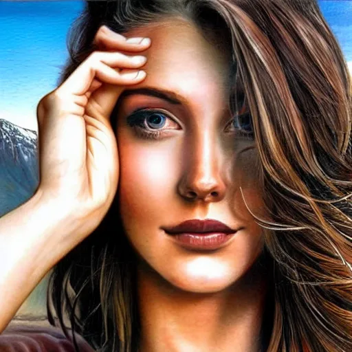 Image similar to tattoo design sketch of a beautiful girl face and beautiful mountains, hyper realistic