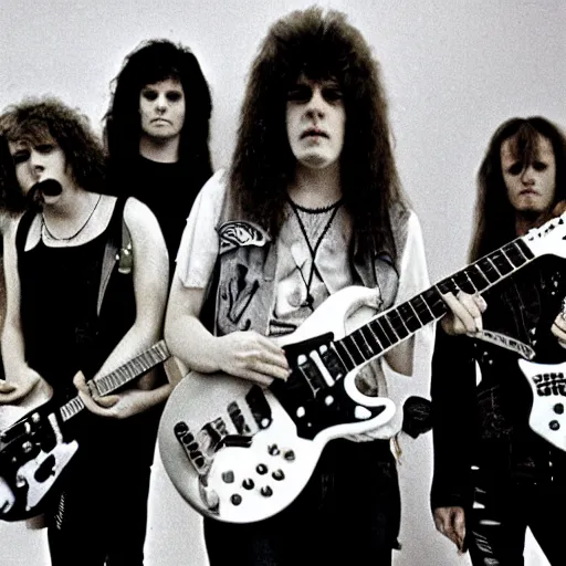 Prompt: Group of 19-year-old women holding electric guitars, long shaggy hair, permed hair, New Wave of British Heavy Metal, heavy metal, band promo photo, Great Britain, 1981 photograph, 16mm photography