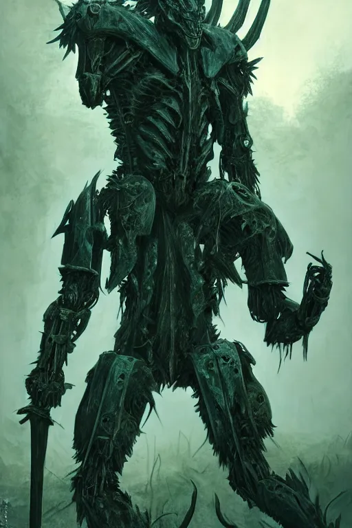 Image similar to neo - gothic giant muscular humanoid chimera, exoskeleton armor, holding katana, dystopian ruins covered in vegetation, highly detailed smooth concept art masterpiece, vitaly bulgarov giger dramatic dark teal light, ground angle hd 8 k, sharp focus