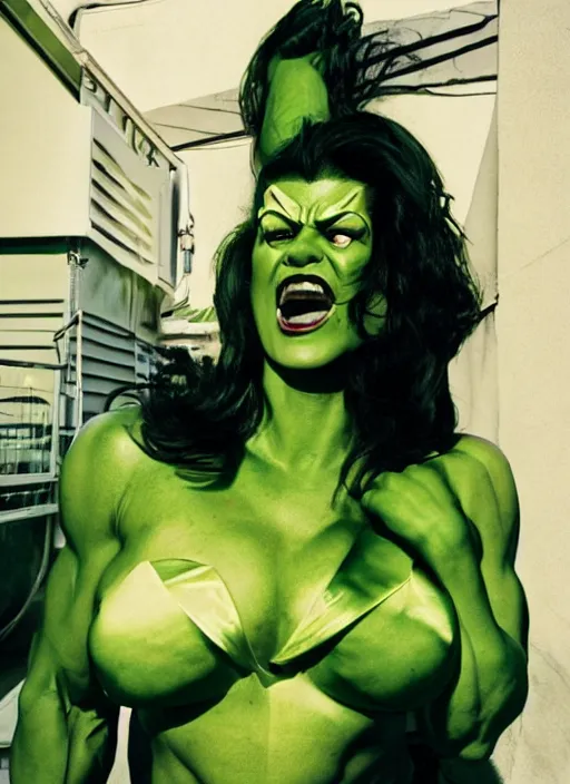 Prompt: a color photo portrait of she hulk in la by terry richardson, dramatic lighting, 7 5 mm lens, sharp focus.