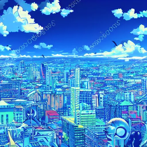 Prompt: blue parrot flying above a city, anime style, blured background