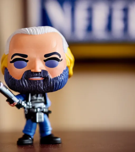 Image similar to portrait photo of joe biden as a funko pop figurine with a gatling gun. Macro photography.