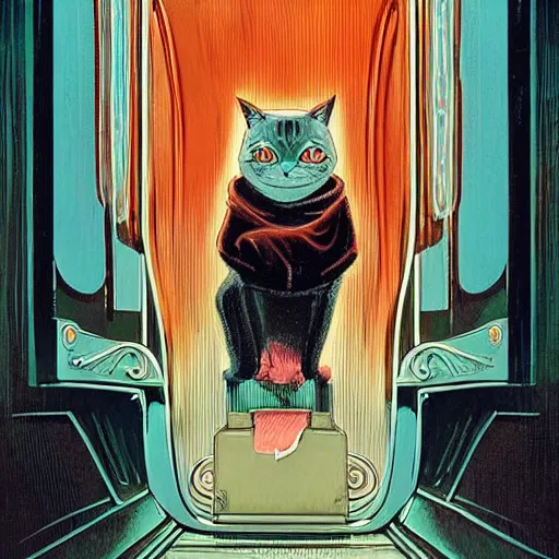 Prompt: a cat wearing a hooded cloak, in an elevator with art nouveau neon panelling, by pascal blanche and james jean moebius and james gurney and greg rutkowski, 8 k