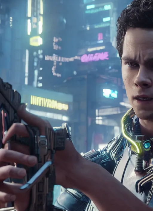 Image similar to film still of Dylan O'Brien as Kerry Eurodyne in Cyberpunk 2077, gameplay, 8k, HD