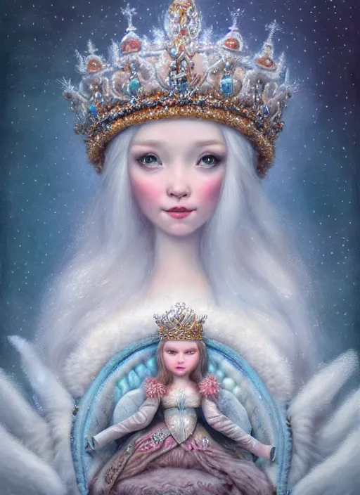 Prompt: highly detailed closeup portrait of a snow, ice princess wearing a crown and sitting on a throne surrounded by fluffy bears, nicoletta ceccoli, mark ryden, lostfish, earl nore, global illumination, god rays, detailed and intricate environment