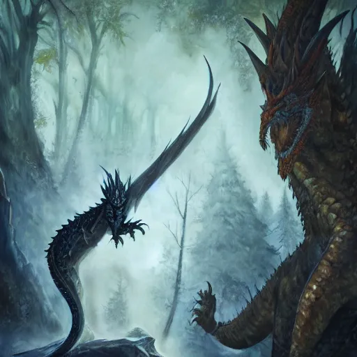 Prompt: oil painting of dragon in cold forest, dnd character, fantasy, realistic textured skin, big lizard head, glowing eyes, clear clean, artgem, boris valejo, frank frazetta, heavy metal style, trending on artstation, digital painting, julie bell, beautiful, very detailed,