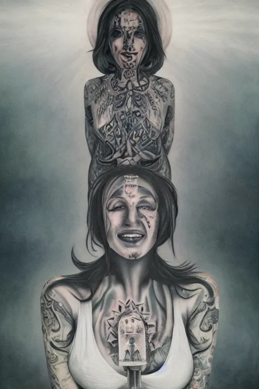 Image similar to tattooed beautiful cult woman in dress, transcendental meditation, expanding consciousness, and smiling, symmetric, dark, moody, eerie religious composition, photorealistic oil painting, post modernist layering, by Sean Yoro