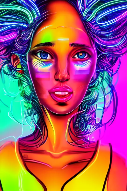 Image similar to a award winning half body portrait of a beautiful woman with stunning eyes in a croptop and cargo pants with hair like rainbow colored smoke, outlined by whirling illuminated neon lines, outrun, vaporware, shaded flat illustration, digital art, trending on artstation, highly detailed, fine detail, intricate