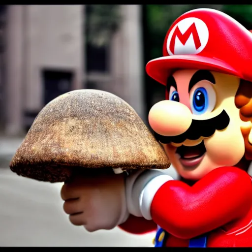 Image similar to photo of real life mario finding a giant mushroom, exhilarated, portrait, closeup. mouth open, 30mm, bokeh