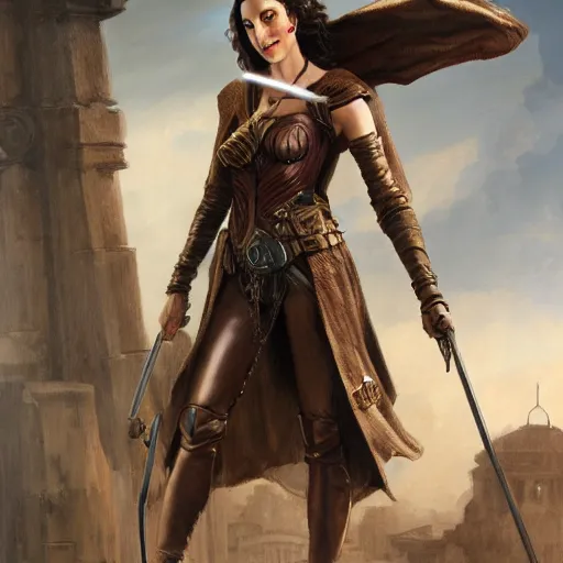 Image similar to highly detailed steampunk gal gadot standing, cape, bo staff : leonardo da vinci, greg rutkowski, magali villeneuve