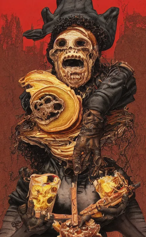 Image similar to Aunt Jemima, heavy metal magazine cover, 1980s, intricate pancakes and syrup witch, atmospheric, realism, horror, grimy, sinister, highly detailed, high octane render, HD, anatomy, symmetrical body, symmetrical face, scary, cracked brick background, in the style of Frank frazetta and moebius, Peter mohrbacher and John William Waterhouse