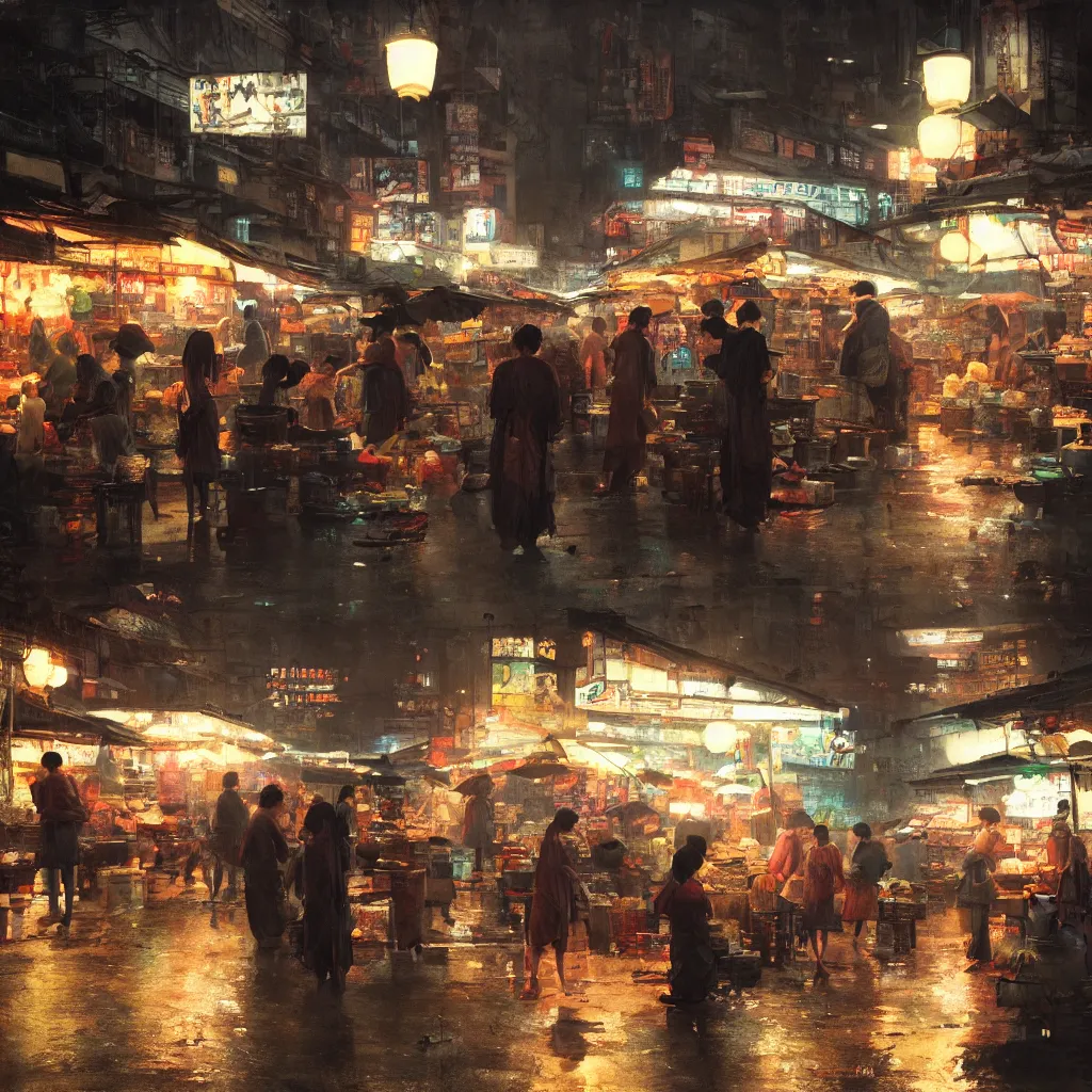 Image similar to an asian wet market at night, by greg rutkowski, cinematic lighting