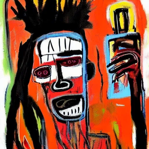 Image similar to Digital art, Oil on canvas, jean-Michel Basquiat style of A mirror selfie of a black handsome muscular man with white angel wings and black devil horns holding an iPhone, pitchfork, full body, pink background, abstract jean-Michel Basquiat!!!!!!!! oil painting with thick paint strokes!!!!!!!!, oil on canvas, aesthetic, y2k!!!!!!, intricately!!!!!!!! detailed artwork!!!!!!!, trending on artstation, in the style of jean-Michel Basquiat!!!!!!!!!!!!, by jean-Michel Basquiat!!!!!!!!!!!, in the style of jean-Michel Basquiat!!!!!!!!!!!, in the style of jean-Michel Basquiat!!!!!!!!!!!, in the style of jean-Michel Basquiat!!!!!!!!!!!, in the style of jean-Michel Basquiat!!!!!!!!!!!, in the style of jean-Michel Basquiat!!!!!!!!!!!, david choe