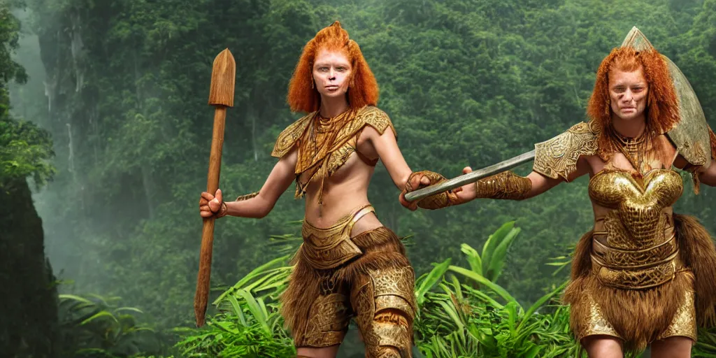 Prompt: armoured ginger dwaven woman wielding a hammer and shield, jungle clearing, awesome floating mountain in the shape of a human heart by Charlie White 4k realism distant landscape