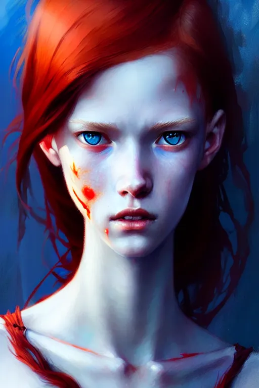 Prompt: a young tall, slender girl, with fiery red hair and bright blue eyes, hyperrealistic face, beautiful eyes, fantasy art, in the style of greg rutkowski, intricate, hyperdetalized, smooth