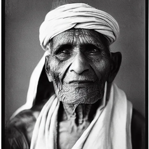 Image similar to photo, portrait of 100 year old Indian holy man by richard avedon, realistic, Leica, medium format, cinematic lighting, wet plate photography, parallax, high resolution,