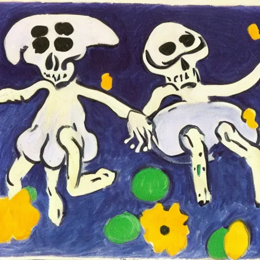 Prompt: two dead skeletons dancing on stage while it rains flowers everywhere, Henri Matisse