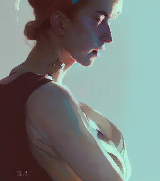 Image similar to portrait of nina zenik, by atey ghailan, by greg rutkowski, by greg tocchini, by james gilleard, by joe fenton, by kaethe butcher, dynamic lighting, gradient light blue, brown, blonde cream and white color scheme, grunge aesthetic