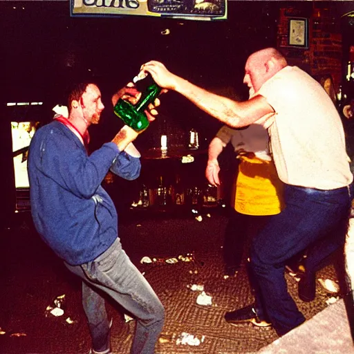 Prompt: 35mm photo of a man smashing a bottle over another man at the local pub