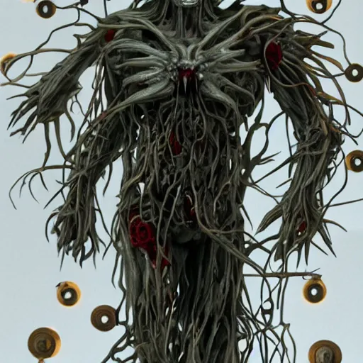 Image similar to a mechanical and human hybrid, size of a box, fleshy computer clump, clumps of hair, teeth, led, lights, blood, doom monster,