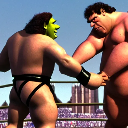 Prompt: shrek vs andre the giant at wrestlemania 8, high definition, 8k