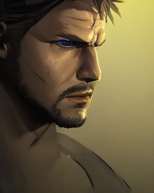 Prompt: solid snake bust portrait, cinematic lighting, backlit face, tired expression, close - up, black atmospheric background, 4 k ultra detailed digital photoshop painting, best of artstation hdr, official artwork hdr