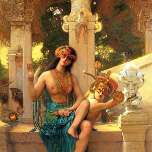 Image similar to shiva with high tec vr headset, painting by gaston bussiere, craig mullins, j. c. leyendecker, lights, art by ernst haeckel, john william godward, hammershøi,