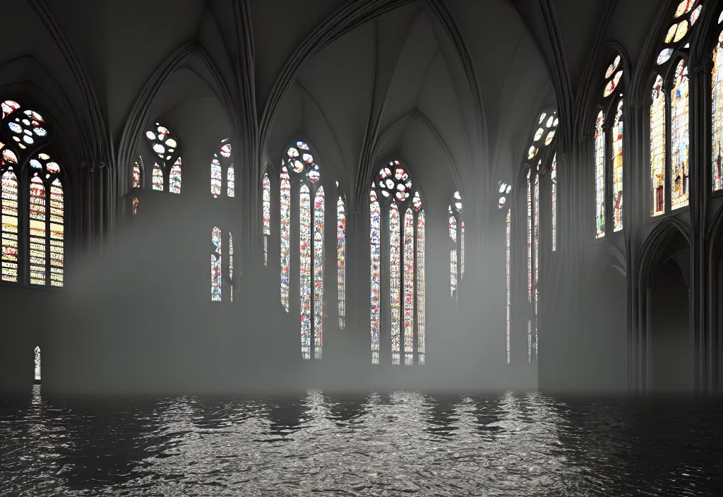 Prompt: kodak portra 4 0 0 photographic and realistic, interior of a gothic cathedral, detailed, octane render, unreal engine 5, 8 k, artstation, hyper realistic, wide angle, floor flooded how a lake, hole objects that float, 3 5 mm, sharp focus, soft light, epic volumetric light fog, in the style of gregory crewdson