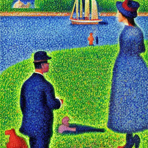 Image similar to Mario standing by the river painting by Georges Seurat, pointillism