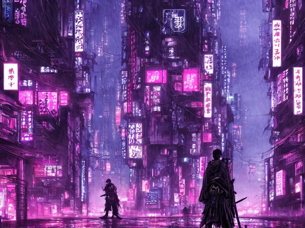 Image similar to high detailed lone dead samurai in a cyberpunk rainy city at night by Kentaro Miura, purple and pink and blue neons, unreal engine, high quality, 4K, UHD, trending on ArtStation, wires, blade runner vibes, ghost in the shell, akira, dorohedoro