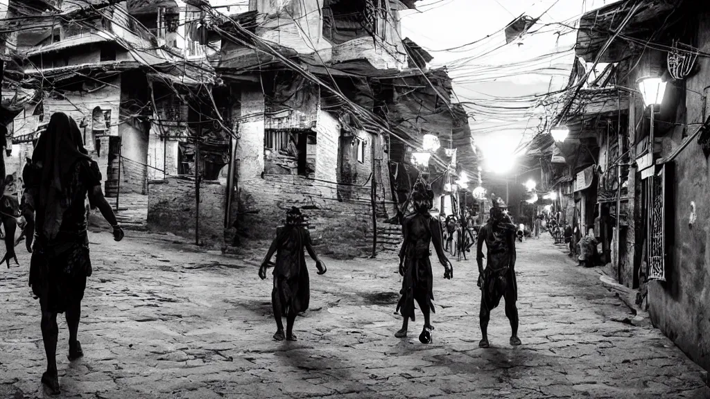 Image similar to khyah nepali demon roaming the streets of kathmandu at night, moonlight, scary looking