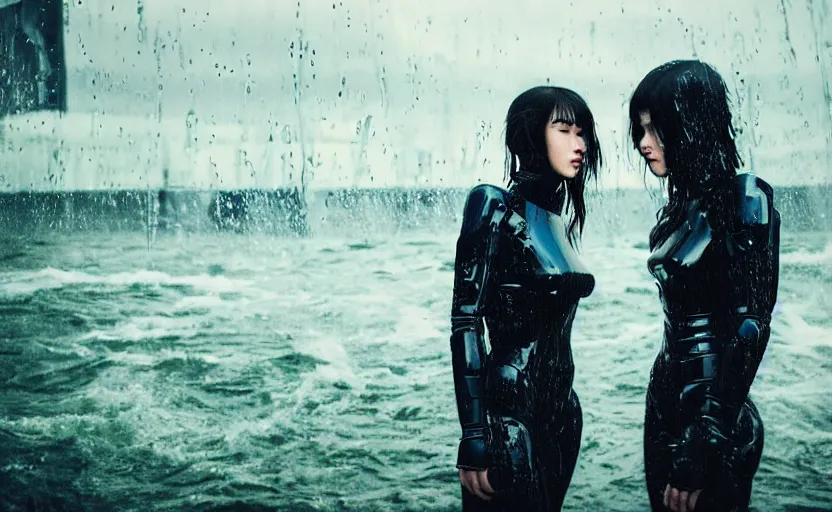 Image similar to cinestill 5 0 d candid action photographic portrait by quentin tarantino of two loving female androids wearing rugged black mesh techwear in treacherous waters, extreme closeup, modern cyberpunk tesla retrofuturism moody emotional cinematic, pouring iridescent rain, 8 k, hd, high resolution, 3 5 mm, f / 3 2, motion blur, ultra realistic faces, ex machina