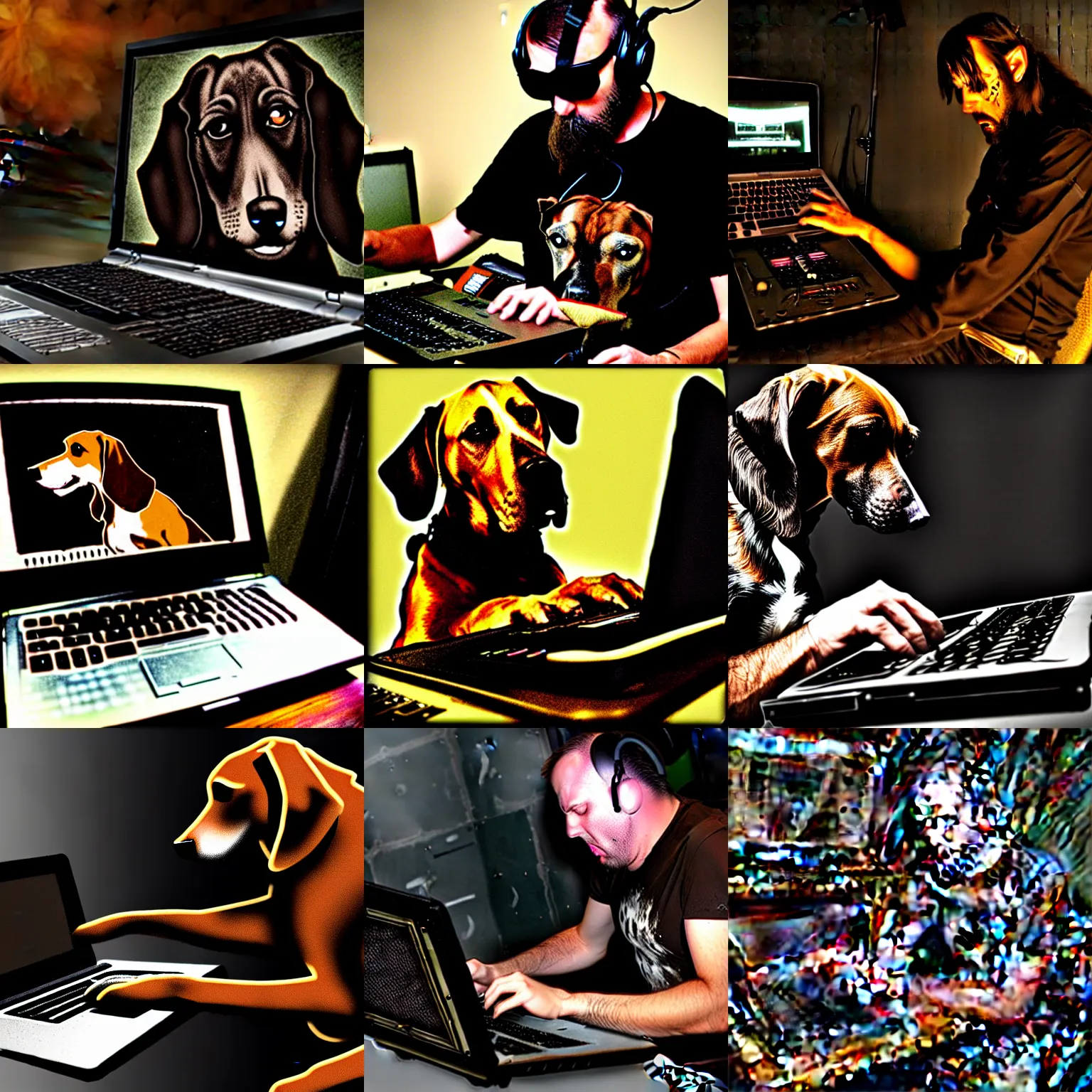 Prompt: the brown hound dog mad mutt mixing industrial music on a laptop in an apocalypsecore setting